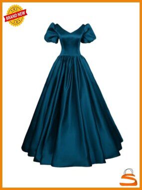 Satin V-Neck Lace Up Back Puff Sleeve A-Line Ball Gown Dress Plus Size